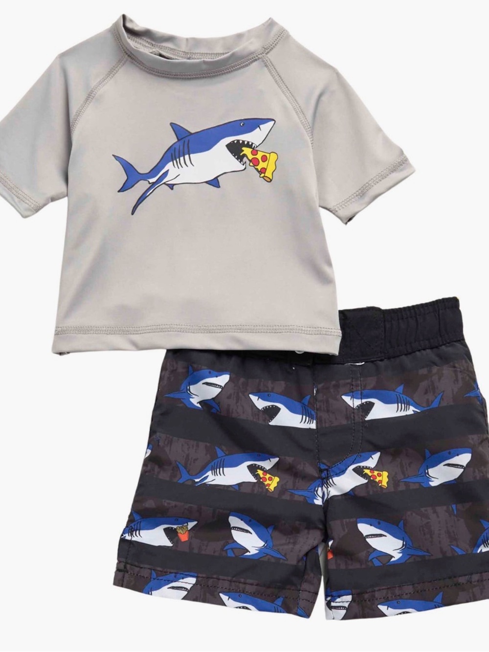 Kids Gray Shark Rash Guard Set with Blue Shark Print Swim Trunks